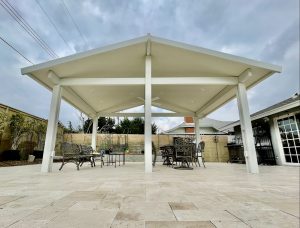 Wide shot of a custom gazebo installed by Superior Patios Inc.